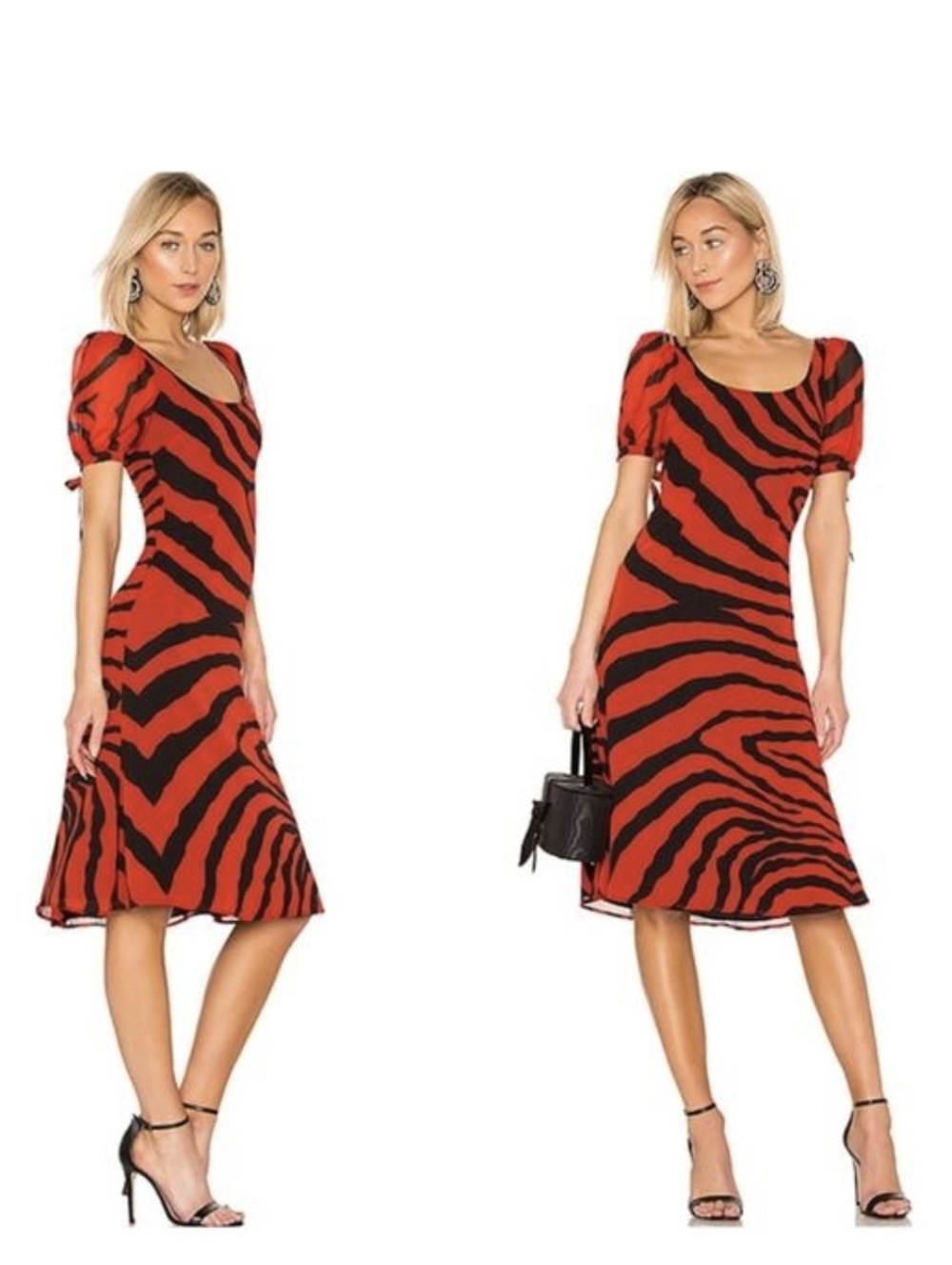 LPA Magda Red & Black Zebra Print Puff Sleeve Midi Dress Sz S